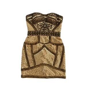 Tony Bowls Gold Champagne Beaded Sequin Cocktail Strapless Mini Dress Size 6